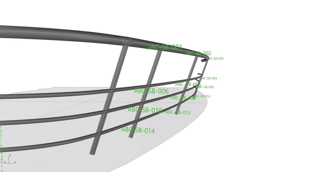 Ship railing model with green identifiers assigned to individual components