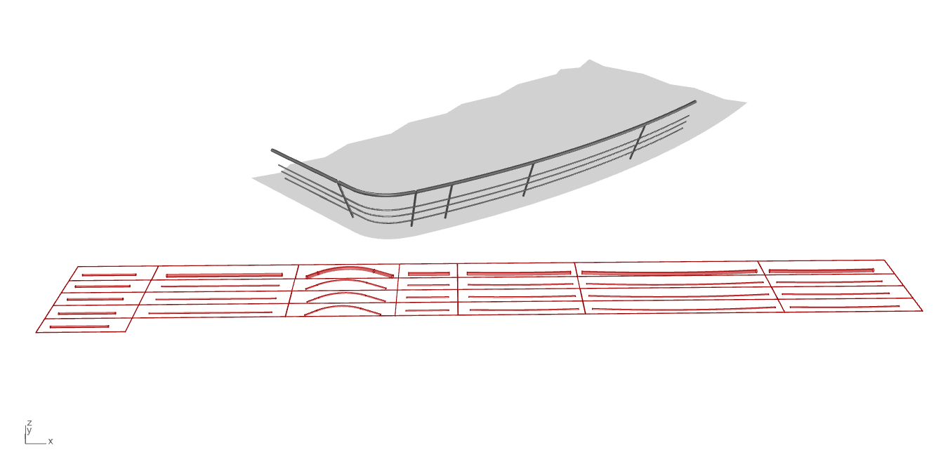 Rhino ship railing model above a structured schedule of production parts