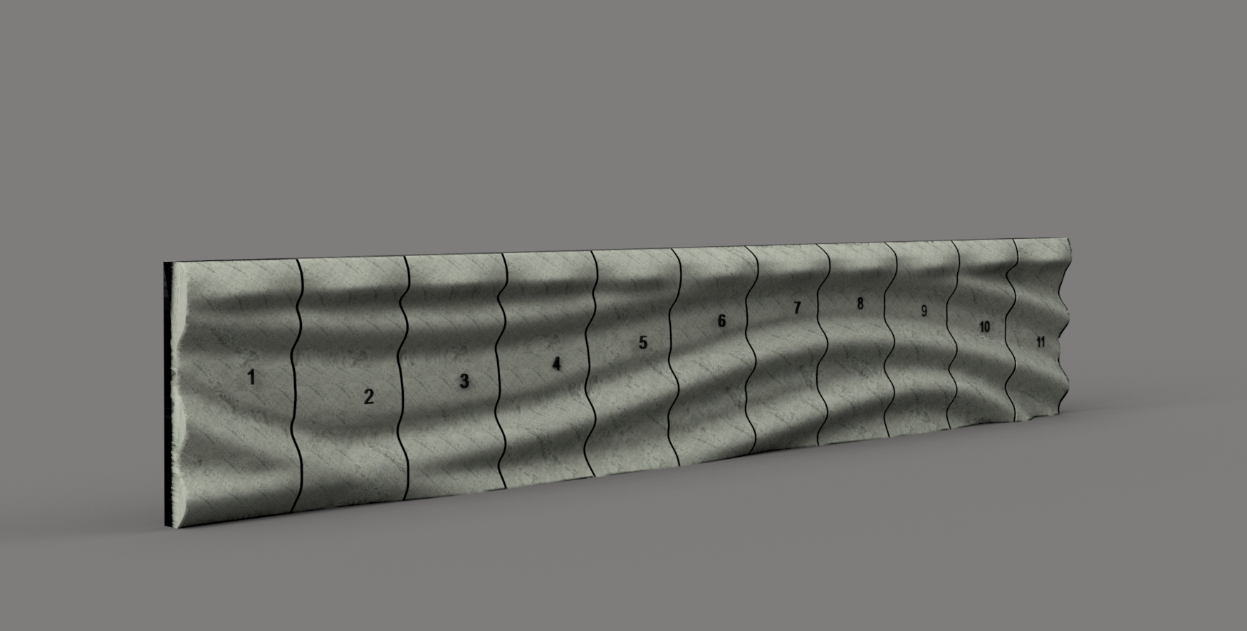 Design study showing numbered facade panels joined by a continuous wave pattern