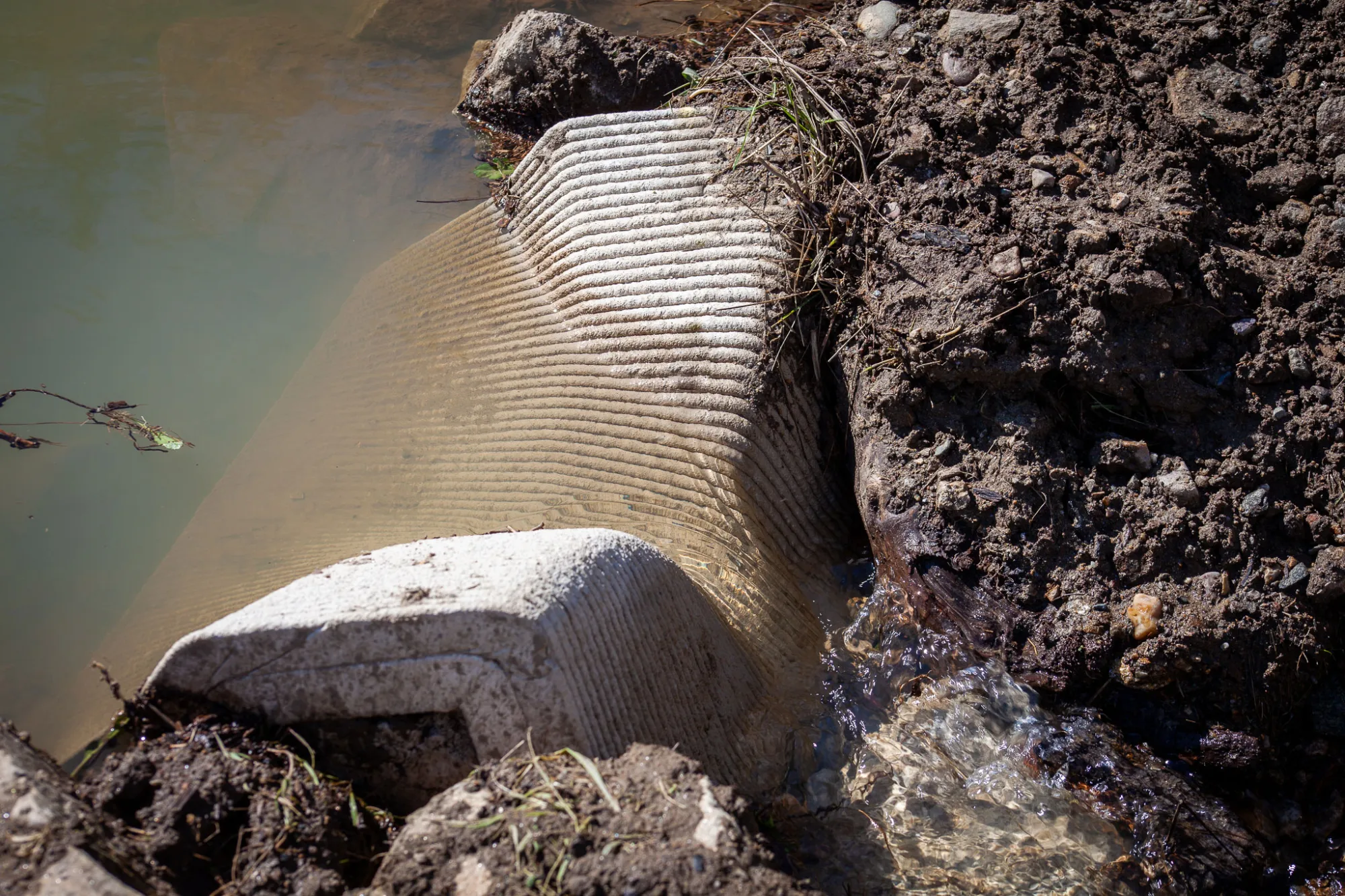 Close view of a layered concrete fish-ladder step embedded in the riverbank