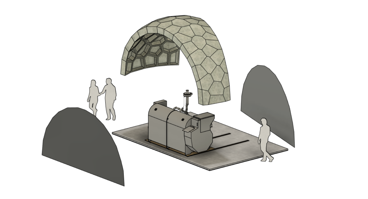 Exploded concept drawing of the dome, end panels and composting machine