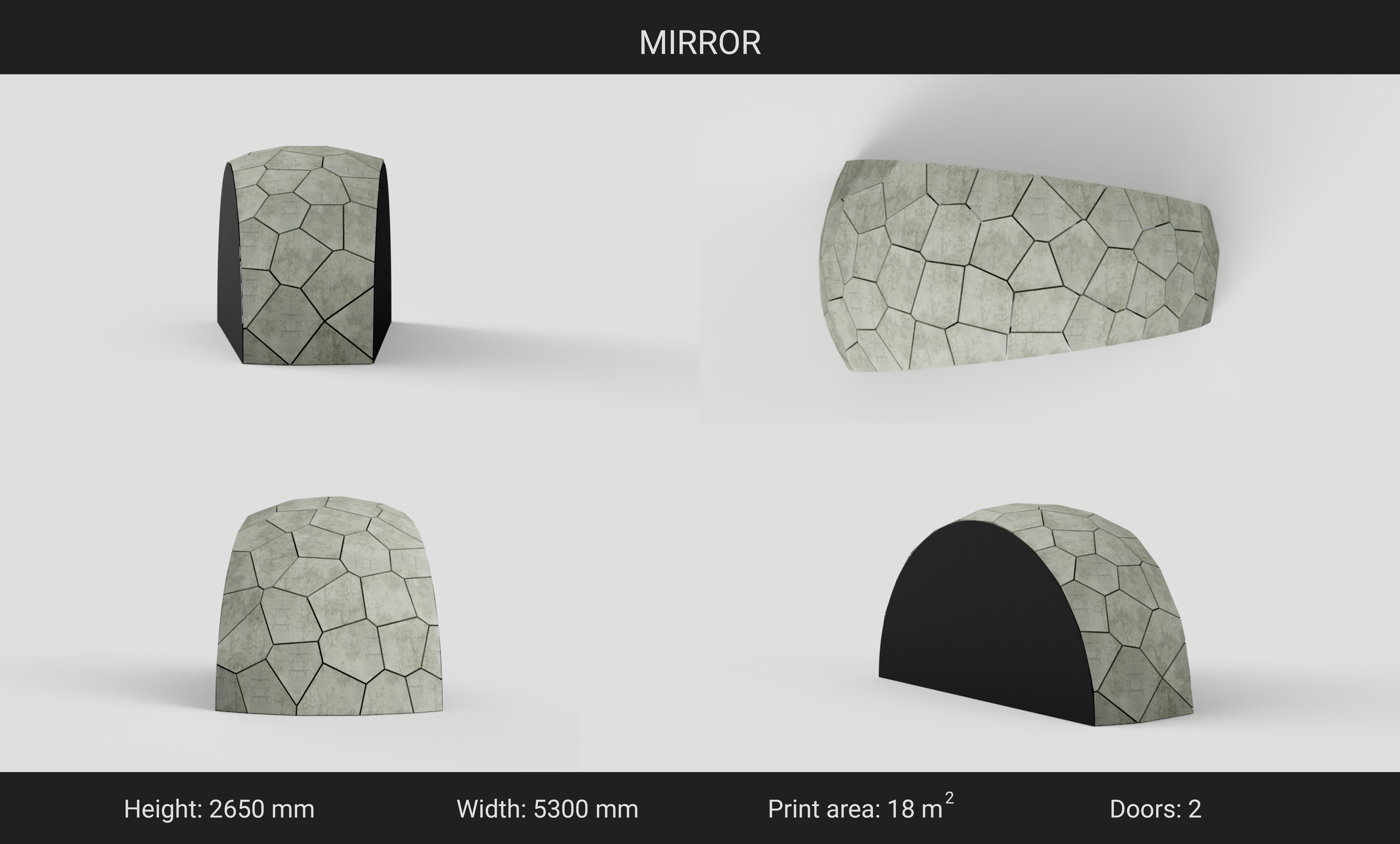 Multiple views and dimensions of the proposed dome design