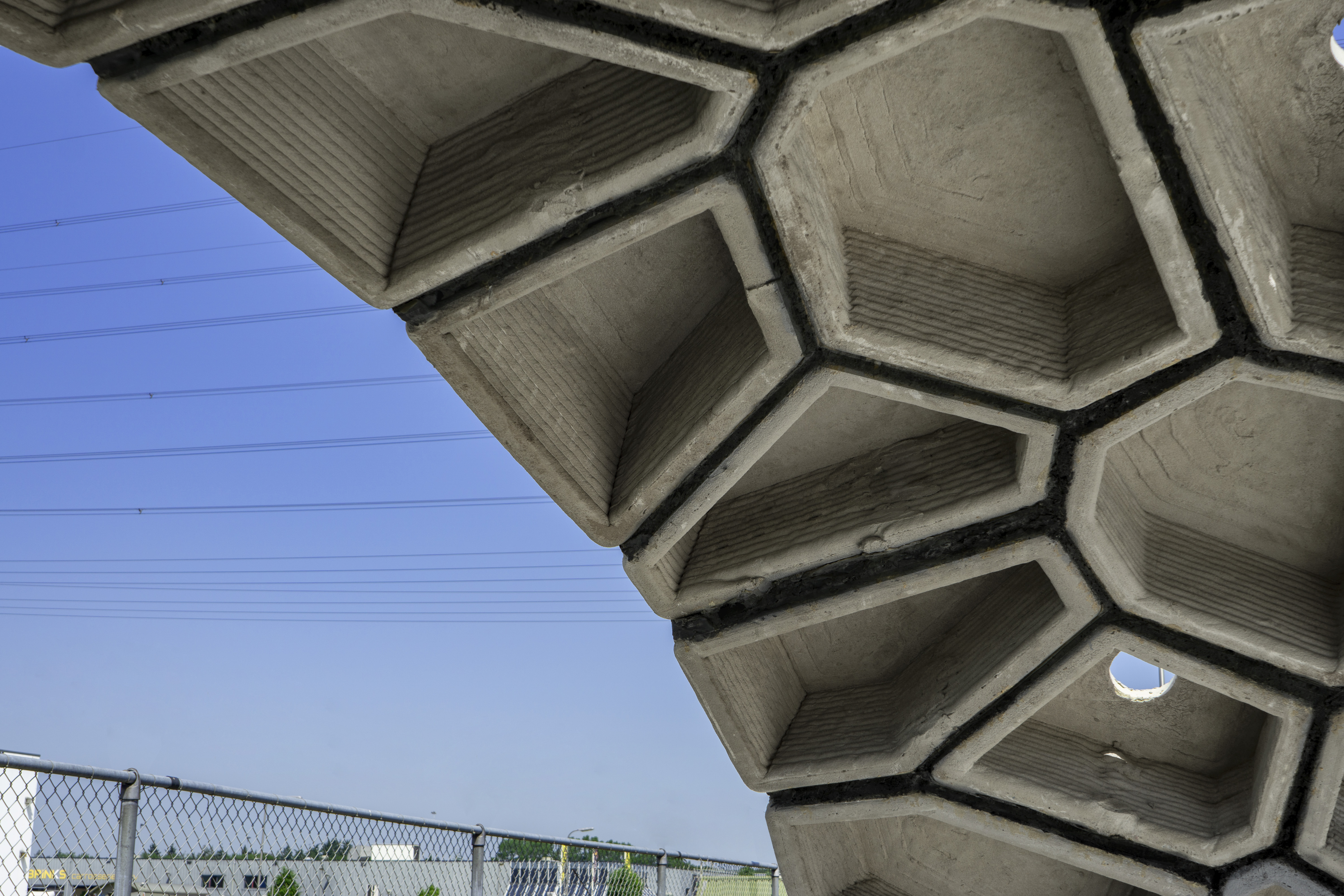 Interior view of the dome’s interlocking polygonal concrete blocks