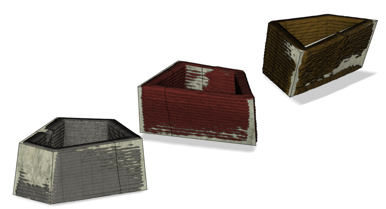 Three scanned concrete blocks compared with the digital model