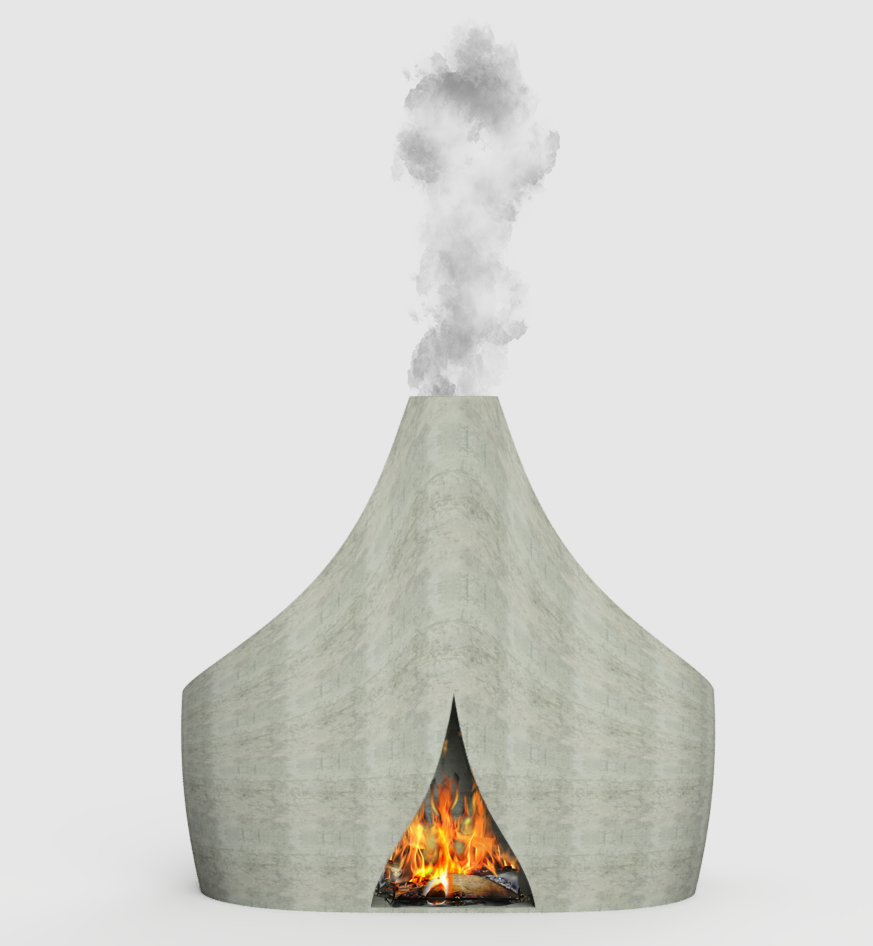 Front study of the concrete fireplace and chimney with fire and smoke