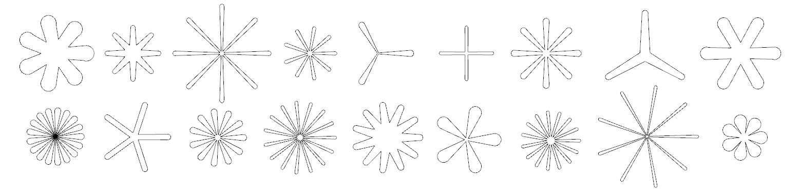 Two rows of generated radial base profiles with different numbers and shapes of lobes