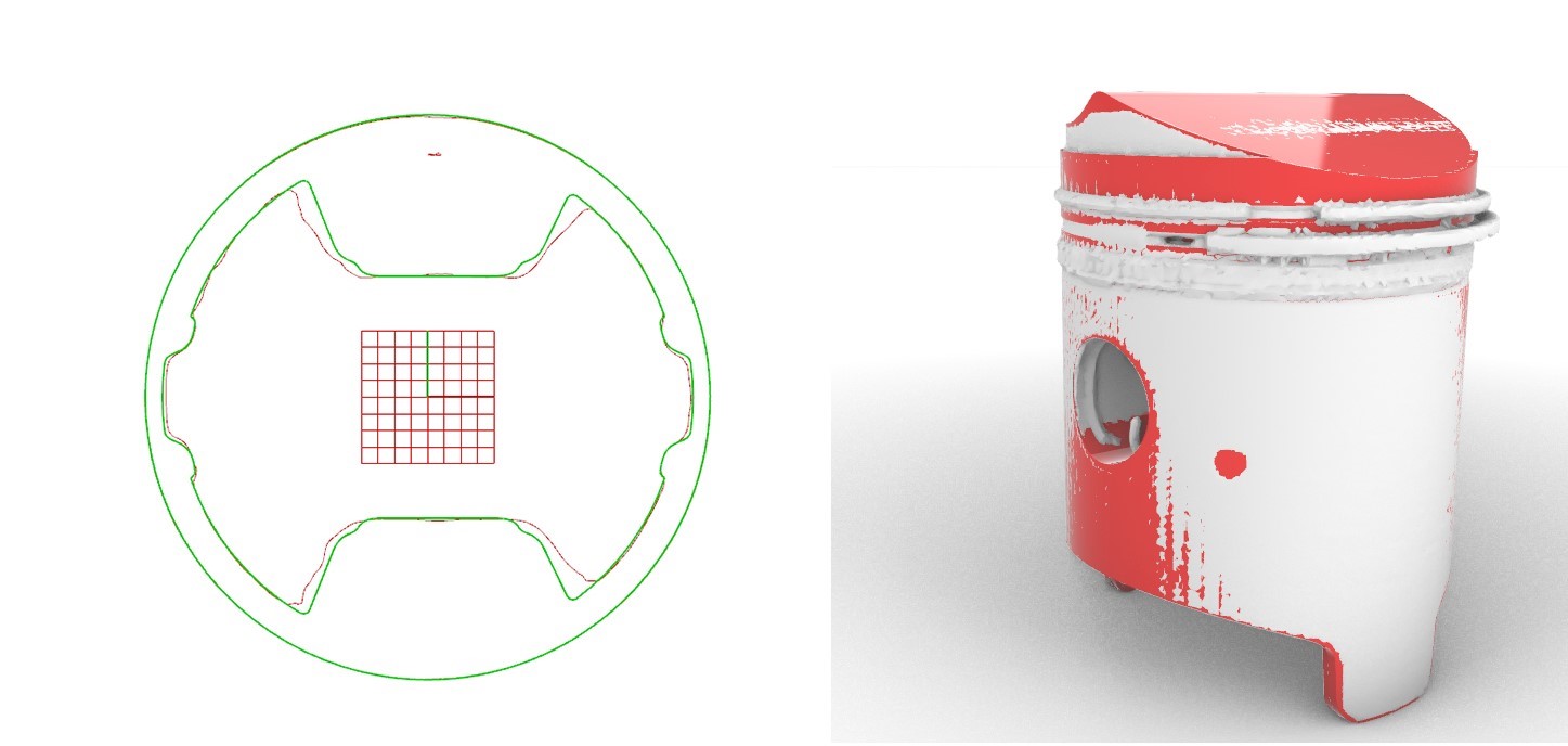 Overlaid piston cross-sections and a red-and-white surface comparison highlighting geometric deviations