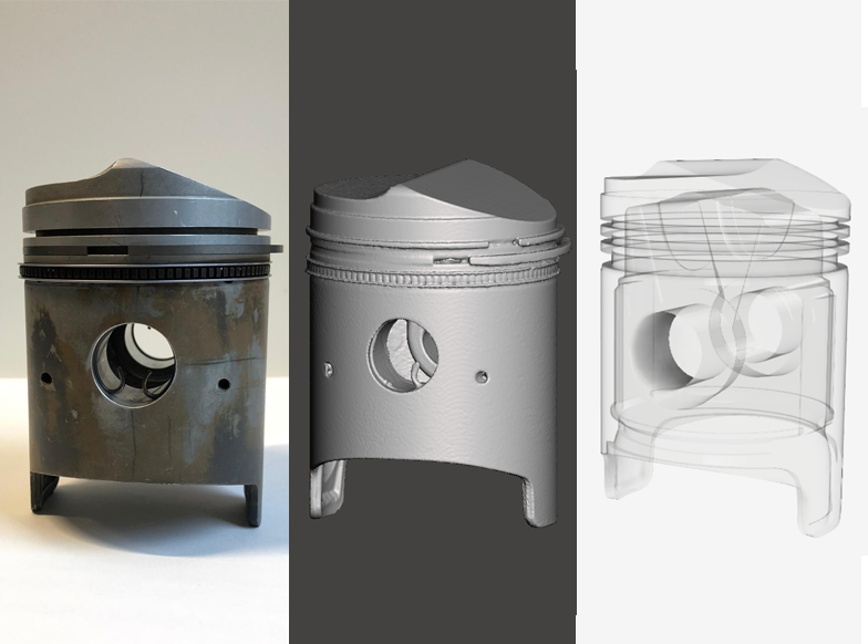 Original piston, its scanned surface, and a transparent reconstructed CAD model