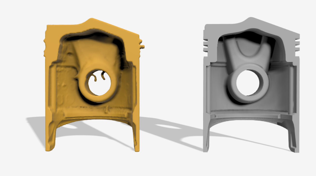 Section through the scanned piston in yellow beside the reconstructed CAD geometry in grey