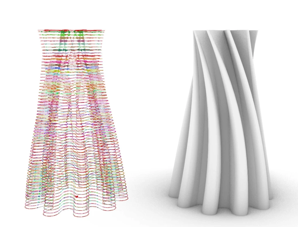 A twisted column alongside its generated, coloured slicing toolpaths