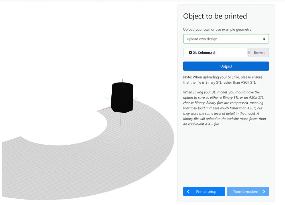Object upload step with a model positioned in the printer workspace