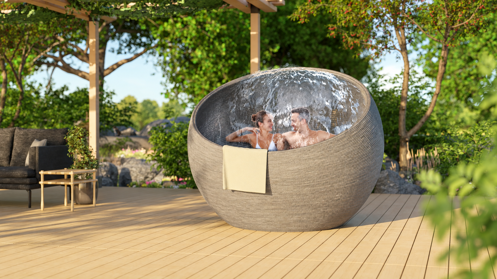 Rendered spherical hot tub set in a garden terrace