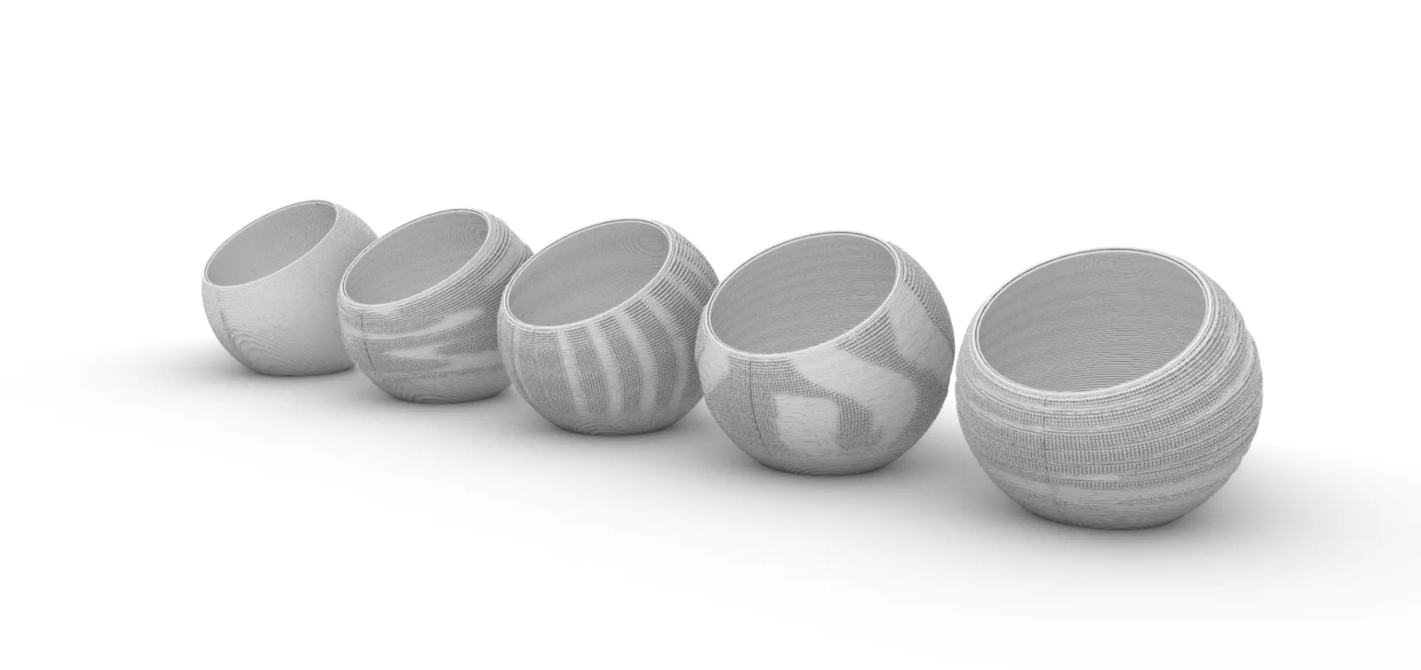 Five spherical tub studies comparing different 3D-printed surface textures