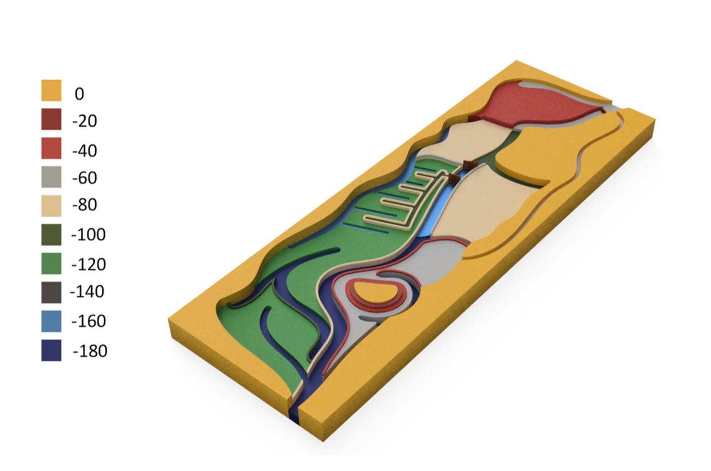 Digital topography model showing the water playground's channels at stepped height levels